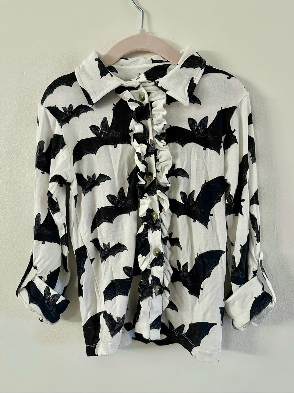 Kate Quinn Spooky Bamboo 4T Ruffled Bat Print Button-Up Top - Black & White